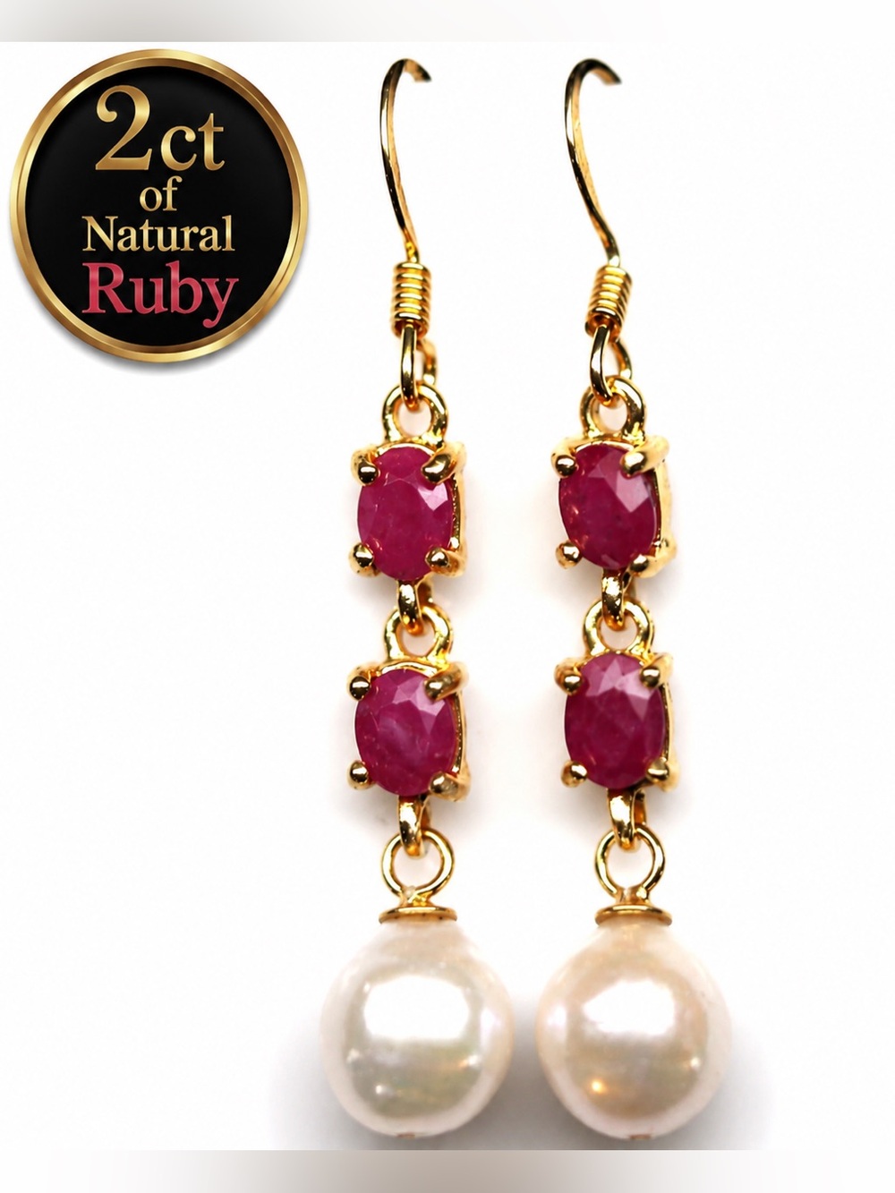 Ruby & Pearl Earrings 14k yellow Gold Electroplated on 925 2ct